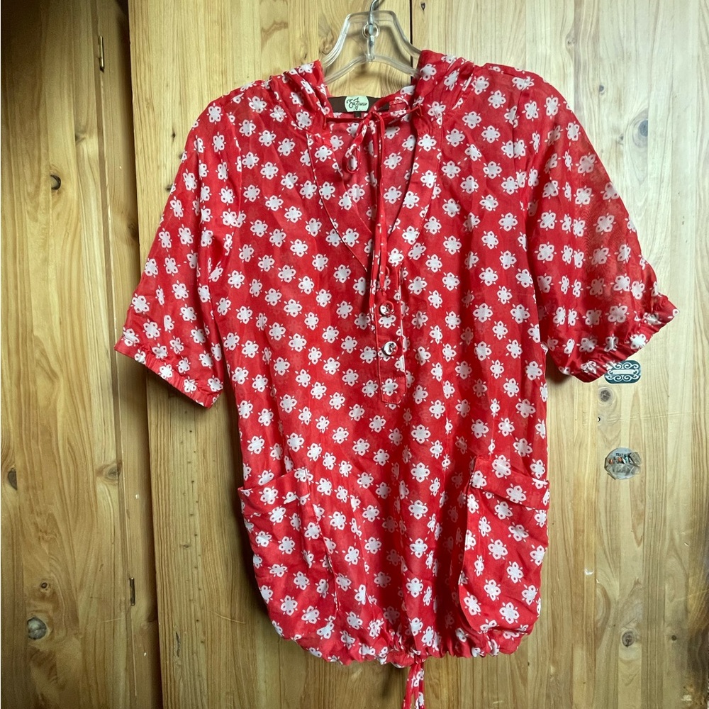 EVA FRANCO Anthropologie Tomato Red Floral Dot Hoodie Tie Blouse Pockets! NEW 6